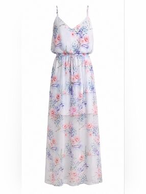 Guess White Floral Maxi Dress with Pink & Blue Flowers XL WORN ONCE!
